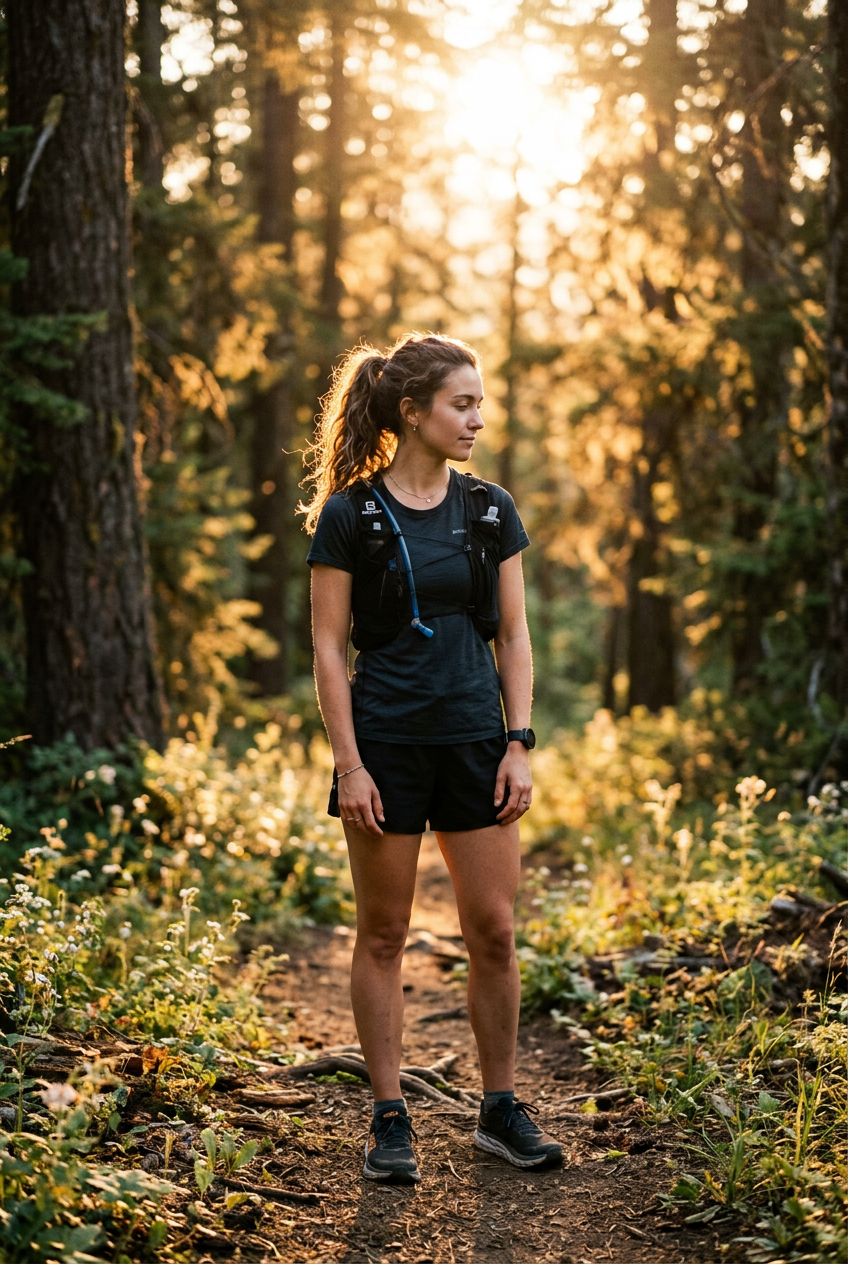 A trail runner standing in a forest clearing at golden hour