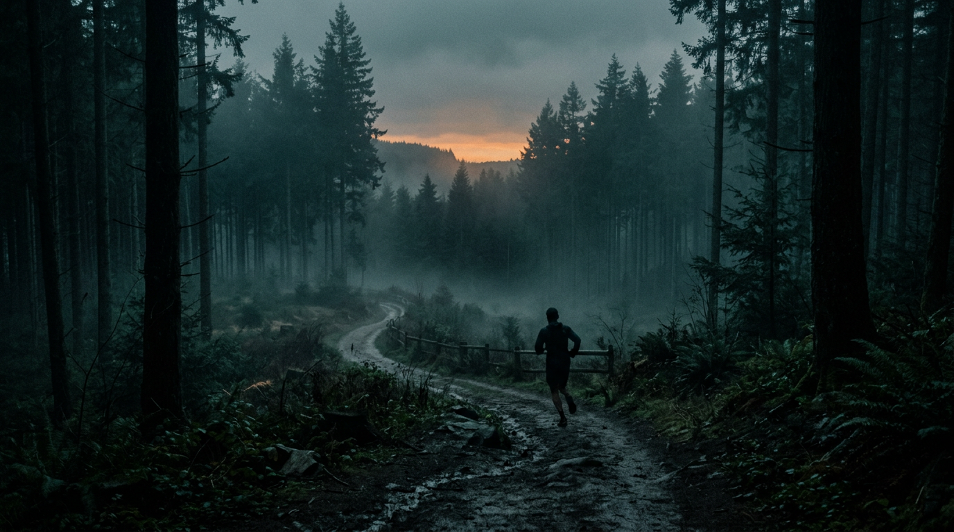 A trail runner on a misty forest path at dusk