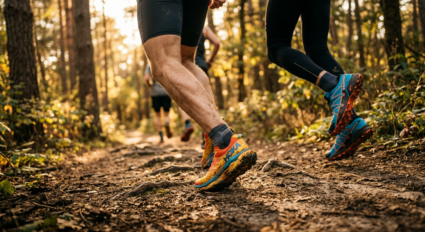 Runners testing new trail shoes on a forest path at golden hour