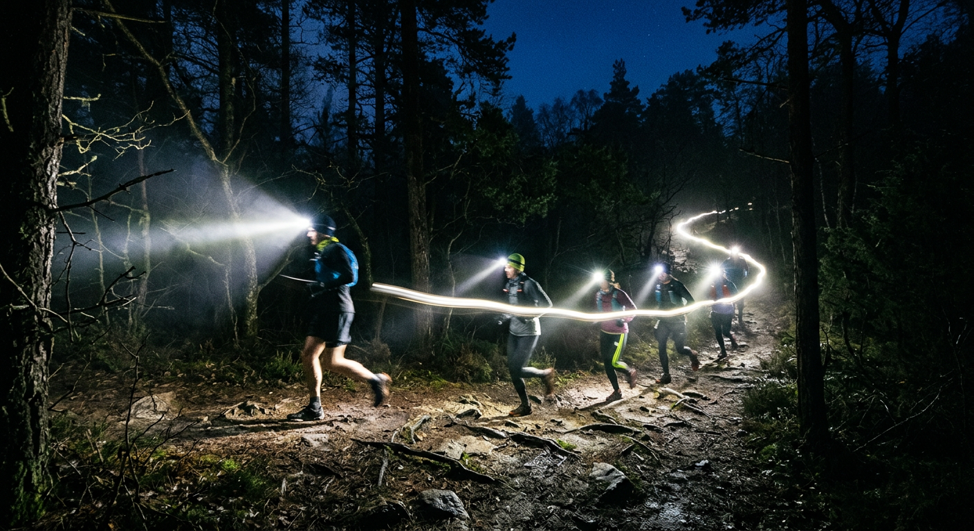 Runners with headlamps moving through a dark forest trail