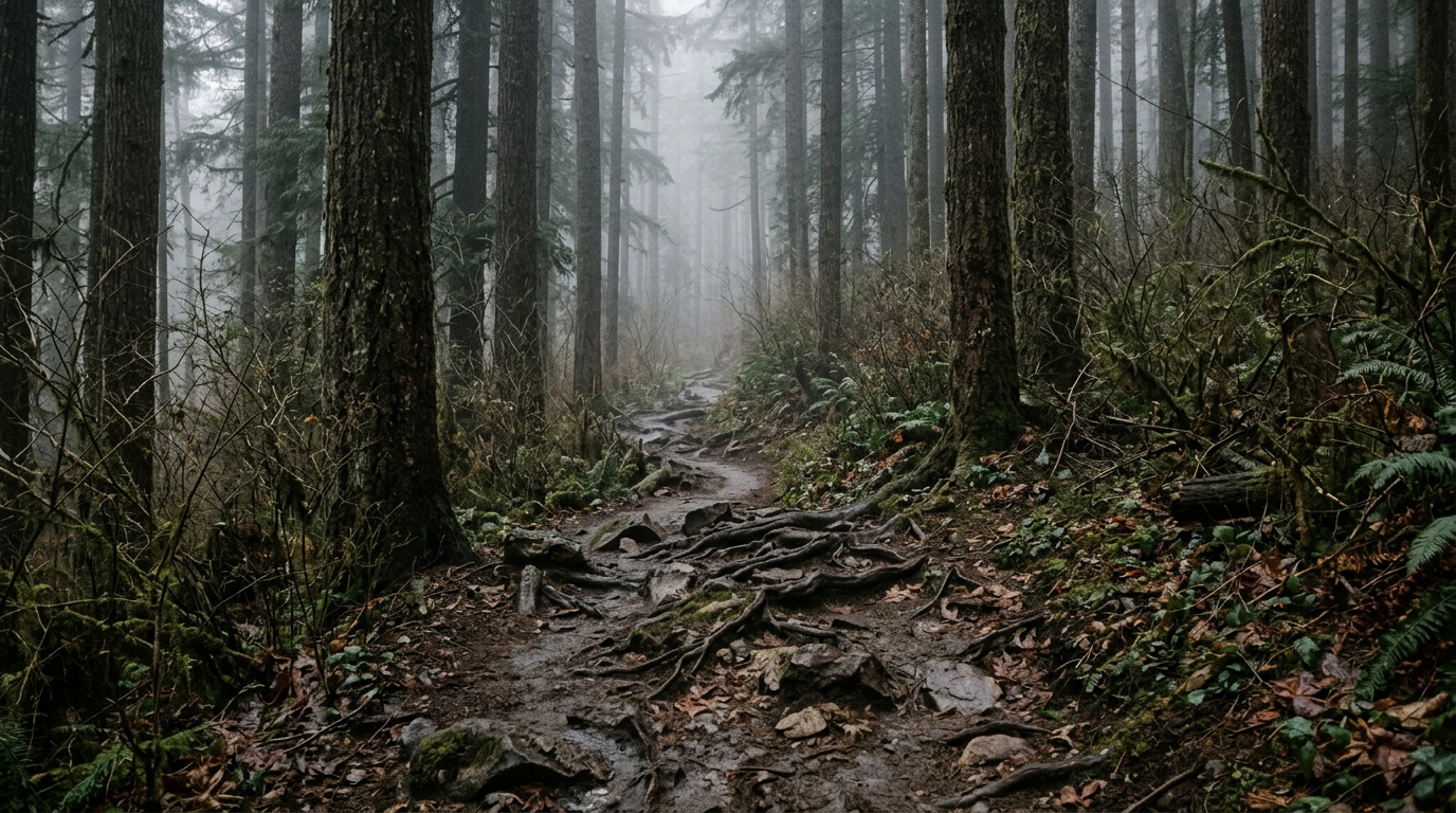 An overcast forest trail with roots and stones underfoot